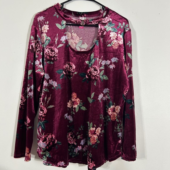 No Boundaries Burgundy Floral Velvet Long Sleeve Top XXXL/3XG Cut Out - Picture 1 of 13